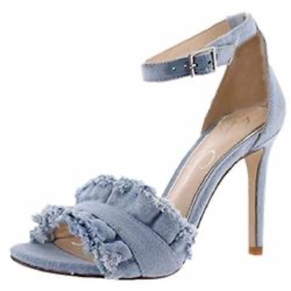 NEVER WORN! Jessica Simpson ruffled denim open toe heels